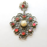 Austro-Hungarian Sterling Silver, Pearl & Garnet Drop Pendant Antique c1880s