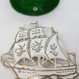 Siam Sterling Silver White Niello Enamel Ship Brooch Antique c1920 Art Deco
