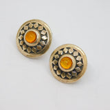 Pair of Sterling Silver Patterned Amber Button Form Stud Earrings Vintage c1970