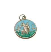 Sterling Silver Green & Blue Enamel St Christopher Charm Pendant Vintage c1970s