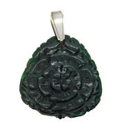 Sterling Silver & Carved Nephrite Jade Floral Drop Pendant Vintage c1970