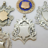 Job Lot of Antique Sterling Silver Fob Medals inc. Gold Fronts, Enamel 69g