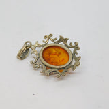 Sterling Silver Baltic Amber Oval Set Patterned Drop Charm Pendant Vintage c1970