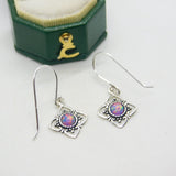 Sterling Silver & Synthetic Opal Set Floral Hook Earrings Vintage c2000