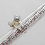 Sterling Silver White & Grey Pearl With Crystal Sphere Ring Modern c1990 Size Q
