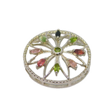 Sterling Silver Pink & Green Multi-Gemstone Cut Work Disc Pendant Vintage c1990
