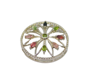 Sterling Silver Pink & Green Multi-Gemstone Cut Work Disc Pendant Vintage c1990