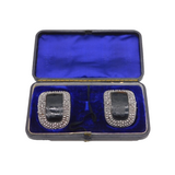 Victorian Boxed Pair of Cut Steel & Iron Pyrite Buckles Antique c1880s