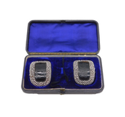Victorian Boxed Pair of Cut Steel & Iron Pyrite Buckles Antique c1880s