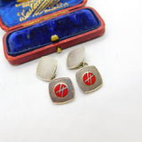 Sterling Silver Red Enamel H Initial Gents Engine Turned Cufflinks 1958