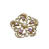 Sterling Silver 5 Amethyst & Pearl Floral Brooch Pin Vintage c1970