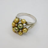 Sterling Silver Shades Of Green Simulated Pearls Dress Ring Vintage c1990 Size P
