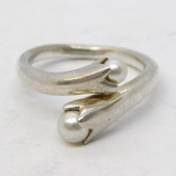 Sterling Silver Two-Pearl Set Floral Form Crossover Ring Vintage c1970