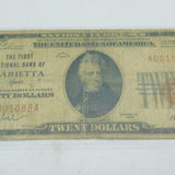 USA First National Bank of Marietta Twenty Dollar Banknote Antique 1929