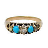 Victorian 9ct Gold, Turquoise & Diamond Boat Ring Antique c1880