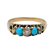 Victorian 9ct Gold, Turquoise & Diamond Boat Ring Antique c1880