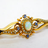Edwardian 9ct Gold, Opal, Sapphire & Seed Pearl Floral Bar Brooch Antique c1910s