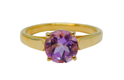 Gold On Sterling Silver Round Amethyst Solitaire Ring Vintage c1970 Size N 1/2