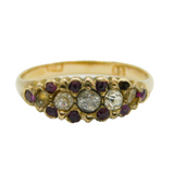 Victorian 15ct Gold, Old-Cut Diamond & Ruby Boat Ring Antique c1880