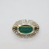 Sterling Silver Green Hardstone Oval Patterned Edge Brooch Pin Vintage c1990