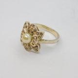 Sterling Silver Marcasite & Pearl Art Deco Dress Ring Antique c1930 Size Q
