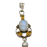 Sterling Silver 3 Citrine, Cabochon Moonstone & Pearl Pendant Vintage c1970s