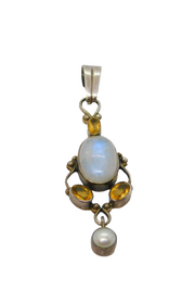 Sterling Silver 3 Citrine, Cabochon Moonstone & Pearl Pendant Vintage c1970s