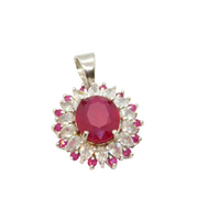 Sterling Silver Multi-Stone Ruby & White Sapphire Cluster Pendant Modern c1990s