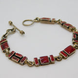 Sterling Silver Mexican Red Agate Brick Form Linked T-Bar Bracelet Modern c1990