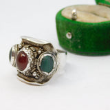 Sterling Silver Handmade Malachite & Carnelian Ring Vintage c1970 Size Q 1/2