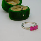 Sterling Silver 3 Stone Pink Sapphire & Diarmond Ring Vintage c1970 Size R 1/2