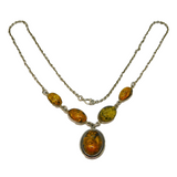 Sterling Silver Cabochon Baltic Amber Set Drop Necklace Vintage c1970