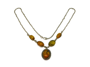 Sterling Silver Cabochon Baltic Amber Set Drop Necklace Vintage c1970