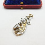 Sterling Silver & 9ct Gold Pink Paste Floral Drop Pendant Vintage c1970