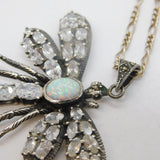 Sterling Silver, Opal & White Topaz Large Dragonfly Necklace Vintage c1990s