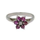 Sterling Silver 6 Ruby & Opal Cluster Dress Ring Vintage c1970 Size O