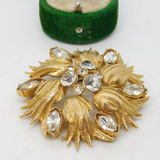 Gold Plated & Sparkling Paste Set Floral Statement Brooch Vintage c1980