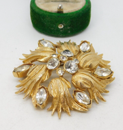 Gold Plated & Sparkling Paste Set Floral Statement Brooch Vintage c1980