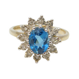 9ct Yellow Gold, Oval-Cut Topaz & Diamond Floral Cluster Ring Vintage London