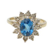 9ct Yellow Gold, Oval-Cut Topaz & Diamond Floral Cluster Ring Vintage London