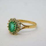 9ct Yellow Gold, Emerald & Diamond Floral Engagement Ring Vintage 1987 London