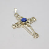Sterling Silver Studio Style Blue Hardstone Cabochon Cross Pendant Vintage c1970