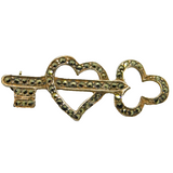 Sterling Silver Marcasite Key & Heart Art Deco Brooch Pin Antique c1930