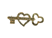 Sterling Silver Marcasite Key & Heart Art Deco Brooch Pin Antique c1930