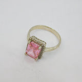 Sterling Silver Pink & White CZ Rectangle Cocktail Ring Modern c1990 Size R 1/2