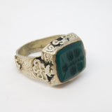 20th Century White Metal Green Agate Insect Intaglio Signet Ring Antique c1920