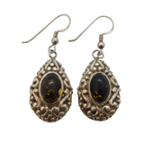 Sterling Silver Floral Pattern Green Amber Set Drop Earrings Vintage c1990s