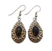 Sterling Silver Floral Pattern Green Amber Set Drop Earrings Vintage c1990s