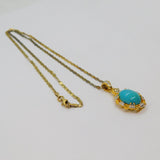 Gold On Sterling Silver Turquoise & White Sapphire Pendant Necklace Modern c2000