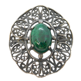 Sterling Silver & Cabochon Malachite Set Filigree Brooch Pin Vintage c1970s